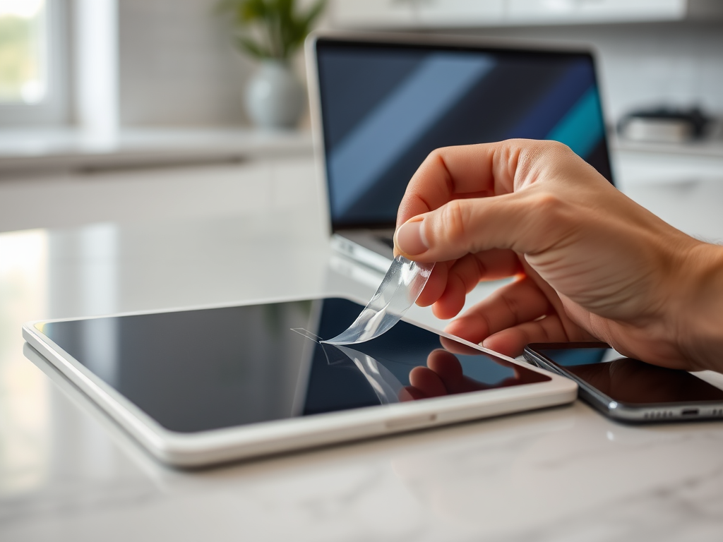 A hand is applying a protective film to a tablet screen on a kitchen countertop, with a laptop and phone nearby.