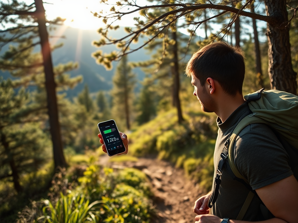 A hiker checks their phone displaying altitude information, surrounded by trees and sunlight on a trail.